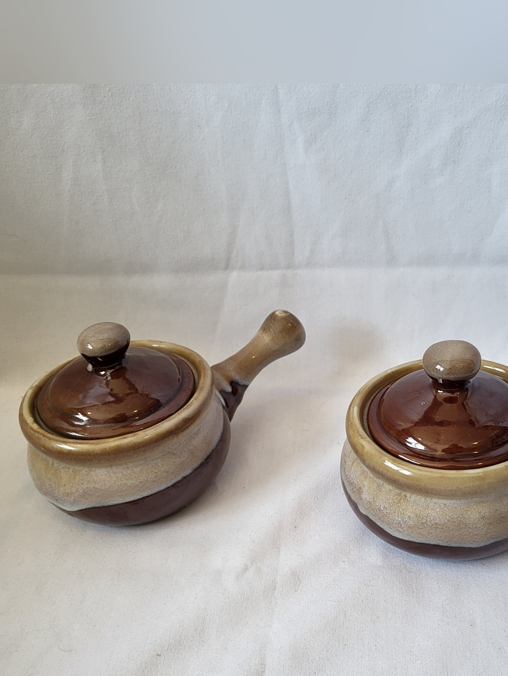 Vintage Stoneware Covered 4" Bowls with 3" Handles Handle  Brown and Cream Glaze
